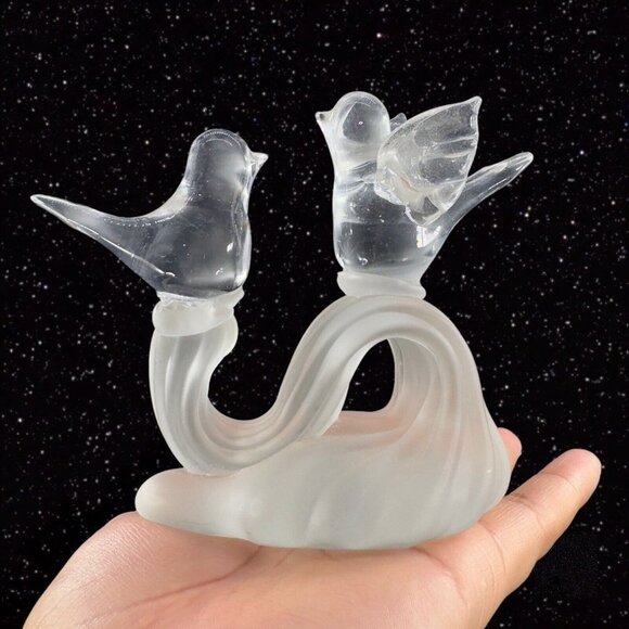 Vintage Art Glass Clear Love Bird Sculpture Figurine A Frosted Tree Branch Glass - Picture 8 of 11